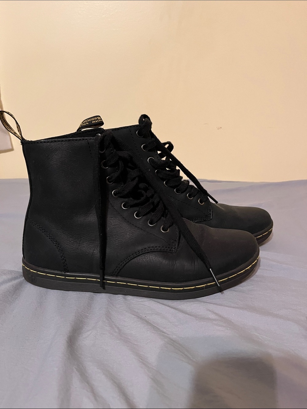 Dr. Martens Black Leather Lace-Up Ankle Boots with Yellow Stitching